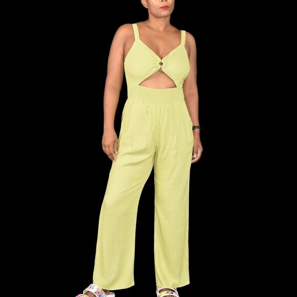 Heartloom Blake Jumpsuit Green Linen Rayon Waist Cutout Straight Elastic Small - Picture 1 of 16